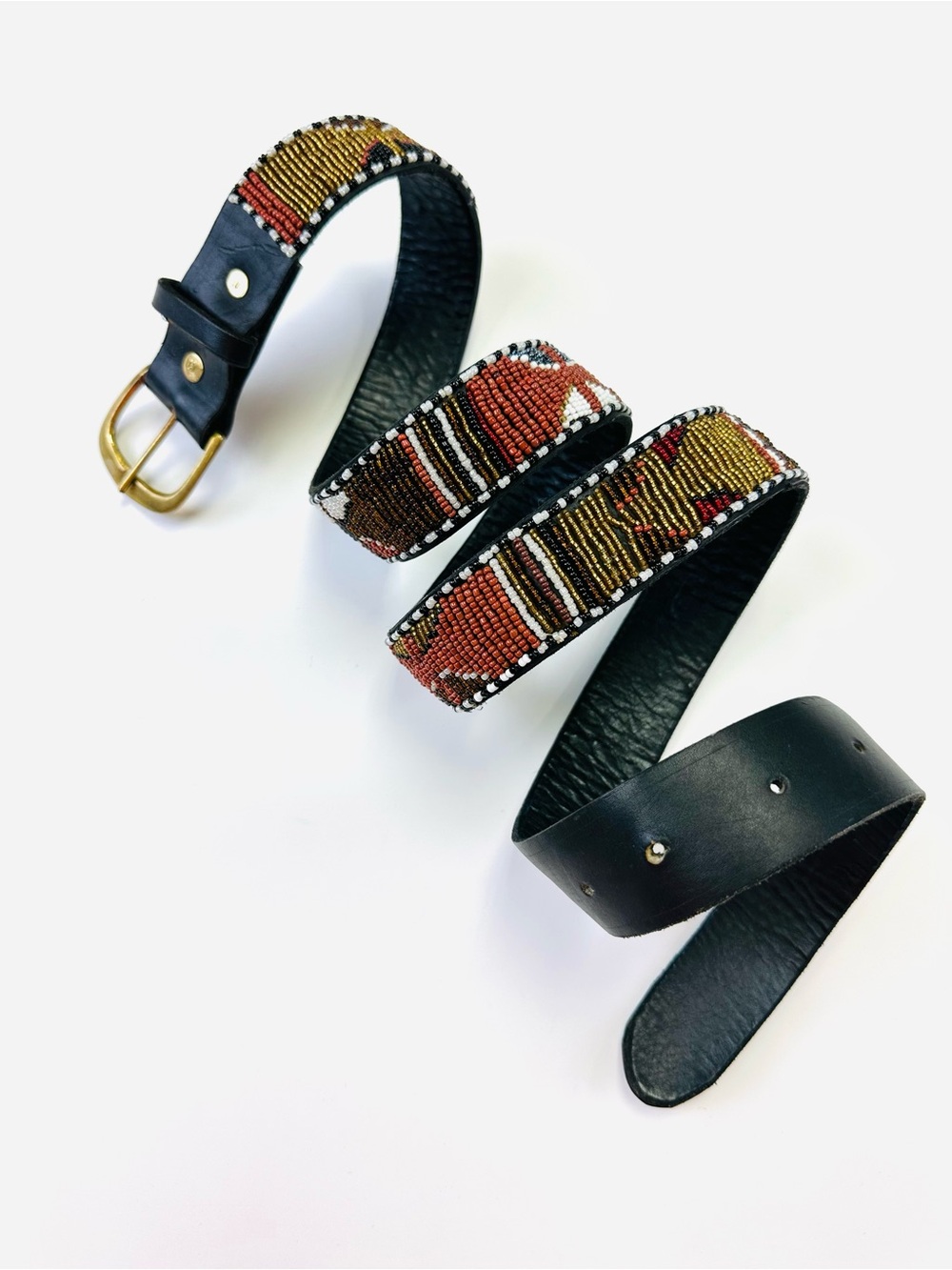 Seed Bead Embellished Black Leather Belt Brass Buckle Boho Western XL Unisex